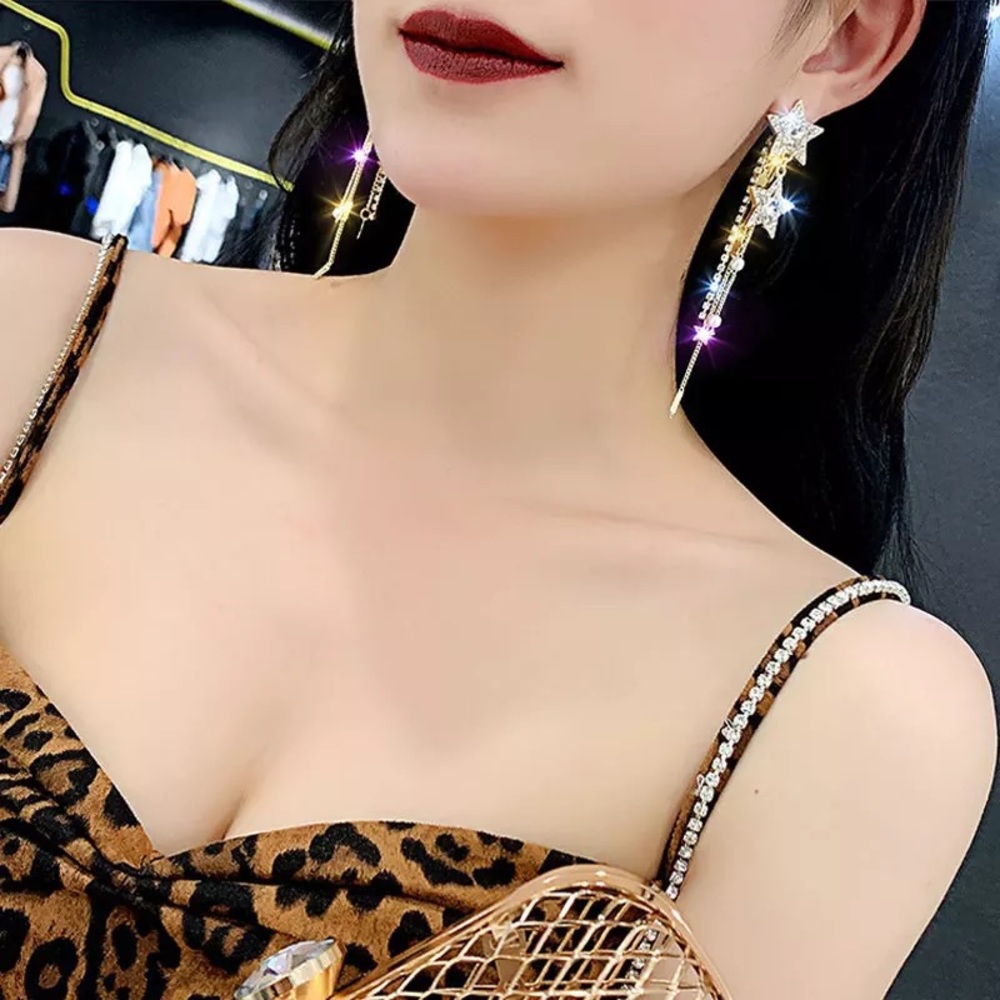 🌺Shiny Star Long Tassel crystal Drop earring - Picture 7 of 16